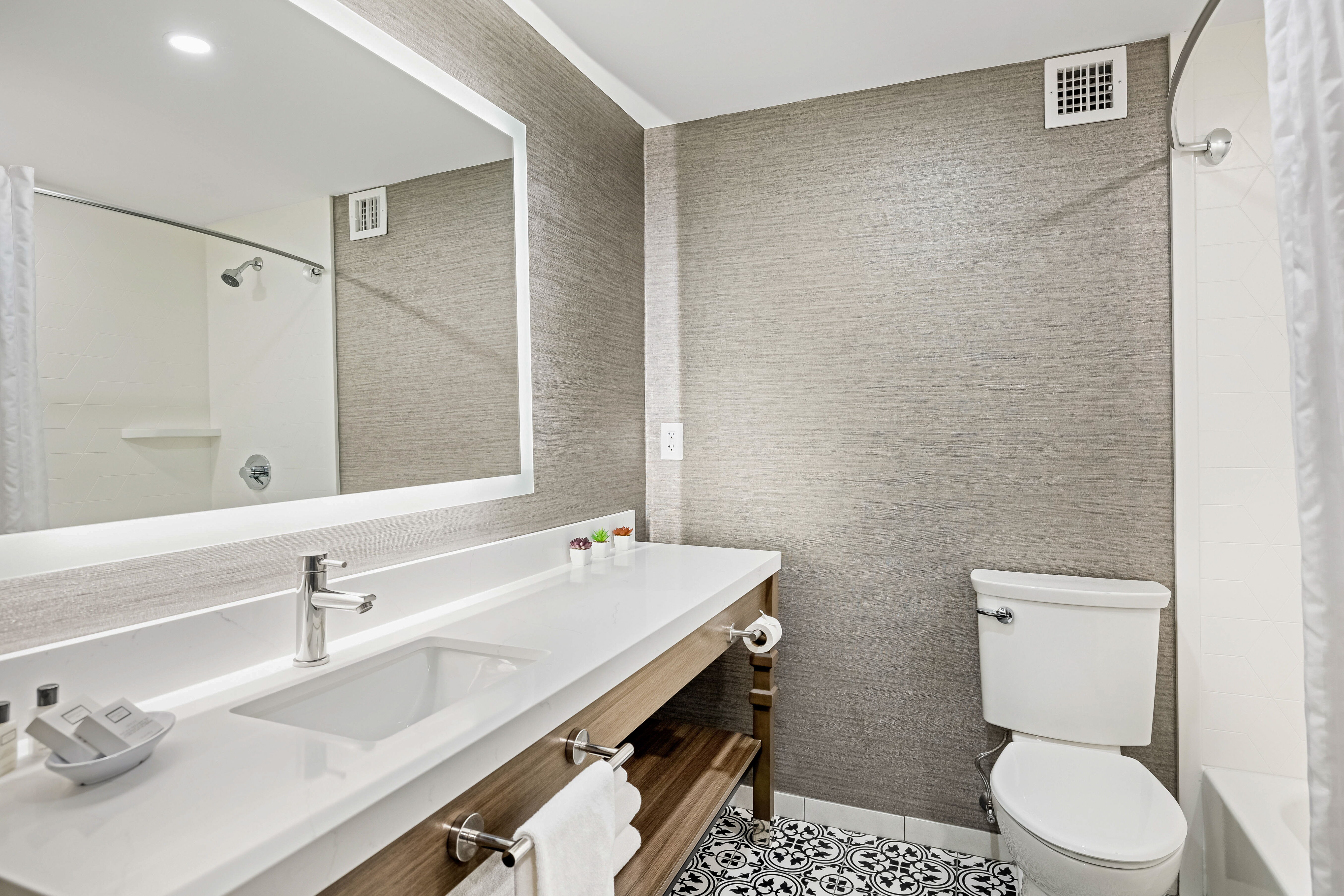A guest bathroom at the John Carver Inn and Spa in Plymouth MA